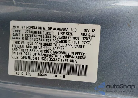 2012 Honda Odyssey Ex from USA, damaged, VIN 5FNRL5H49CB135387